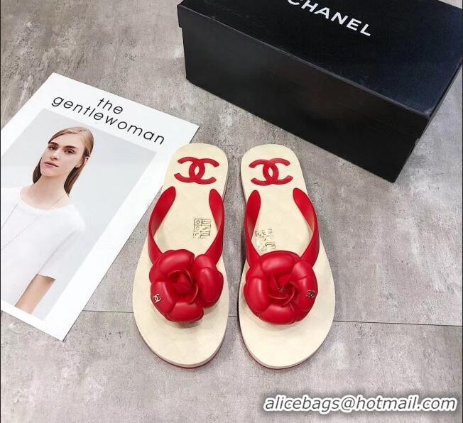 Traditional Discount Chanel Rubber Camellia Thong Slides Sandals G02125 Red 2020