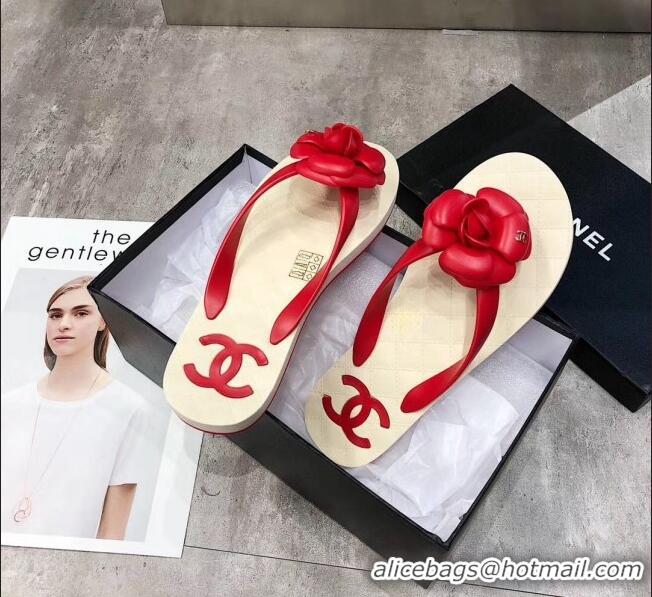 Traditional Discount Chanel Rubber Camellia Thong Slides Sandals G02125 Red 2020