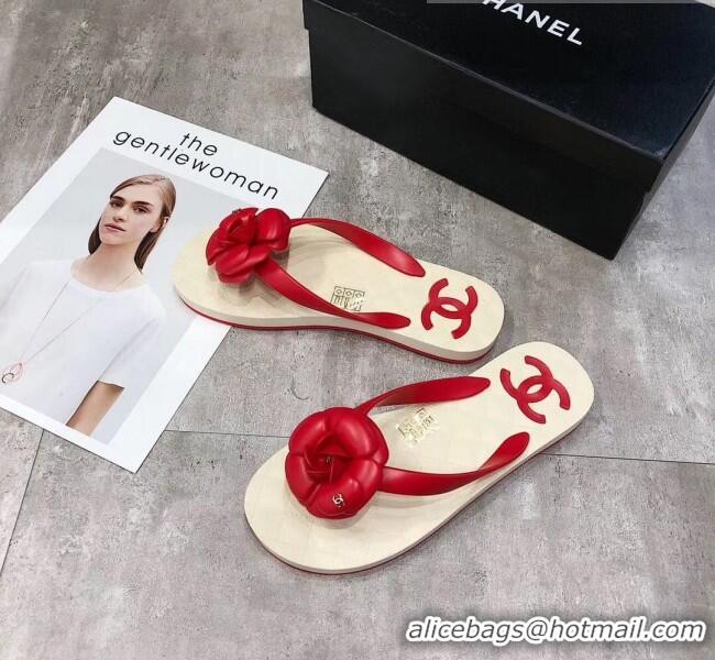 Traditional Discount Chanel Rubber Camellia Thong Slides Sandals G02125 Red 2020