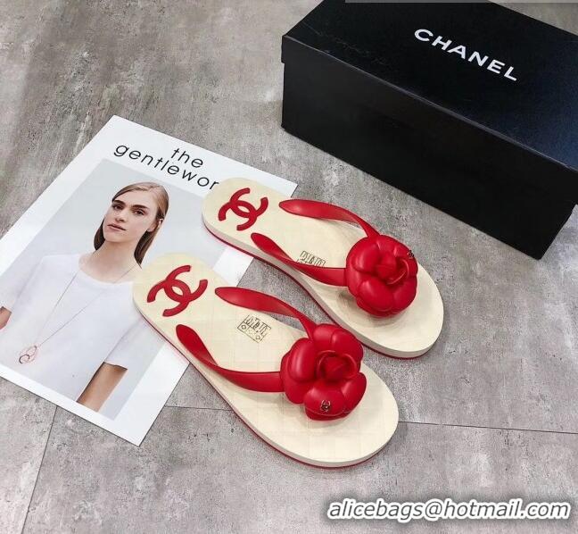 Traditional Discount Chanel Rubber Camellia Thong Slides Sandals G02125 Red 2020