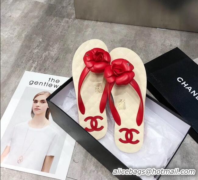 Traditional Discount Chanel Rubber Camellia Thong Slides Sandals G02125 Red 2020