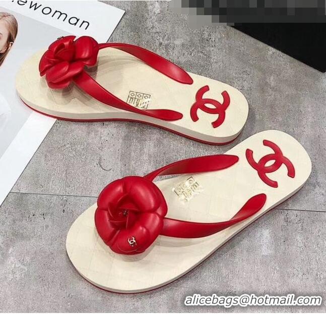 Traditional Discount Chanel Rubber Camellia Thong Slides Sandals G02125 Red 2020