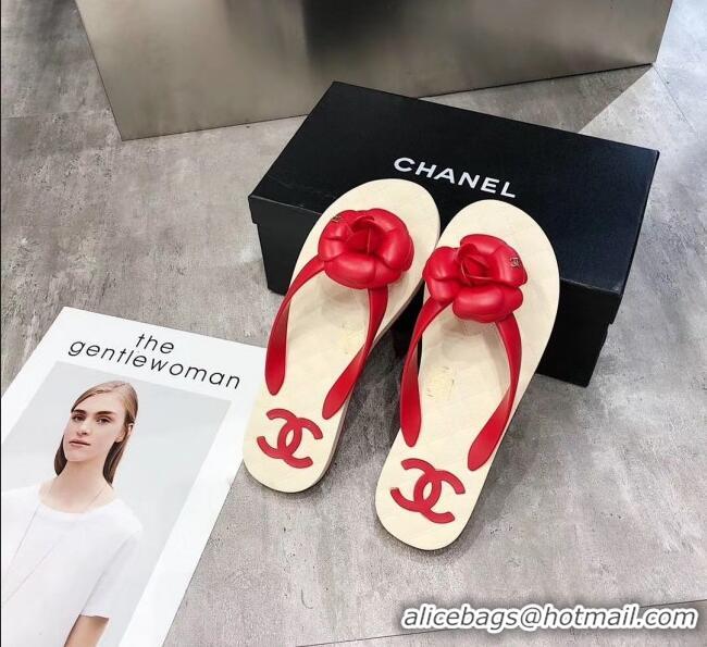 Traditional Discount Chanel Rubber Camellia Thong Slides Sandals G02125 Red 2020