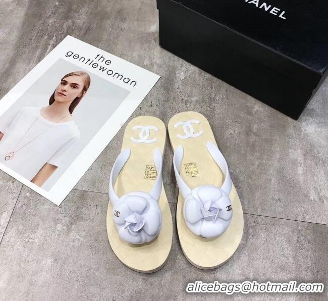 Good Product Chanel Rubber Camellia Thong Slides Sandals G02125 White 2020