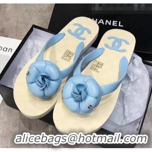 Cheapest Chanel Rubber Camellia Thong Slides Sandals G02125 Light Blue 2020