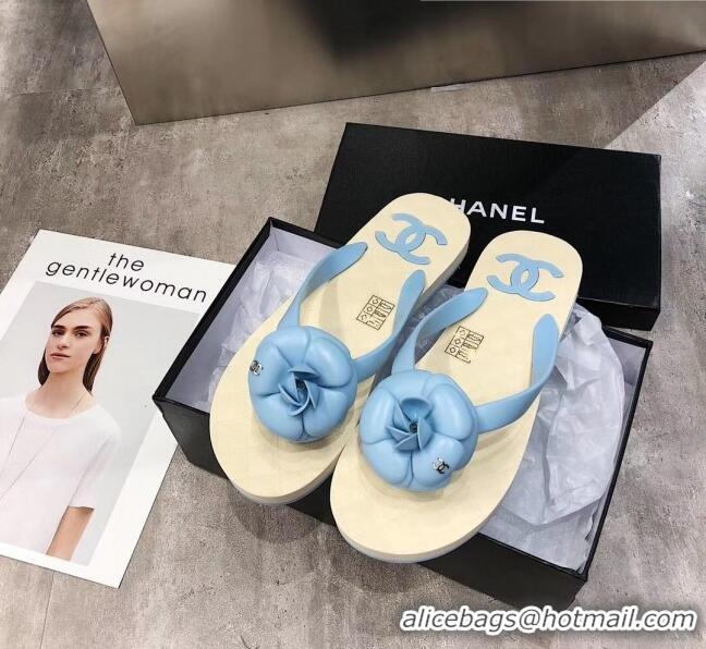 Cheapest Chanel Rubber Camellia Thong Slides Sandals G02125 Light Blue 2020