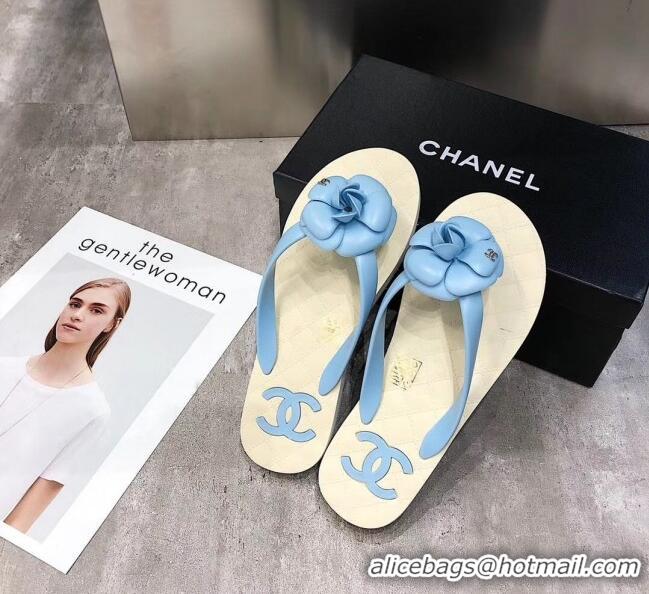 Cheapest Chanel Rubber Camellia Thong Slides Sandals G02125 Light Blue 2020