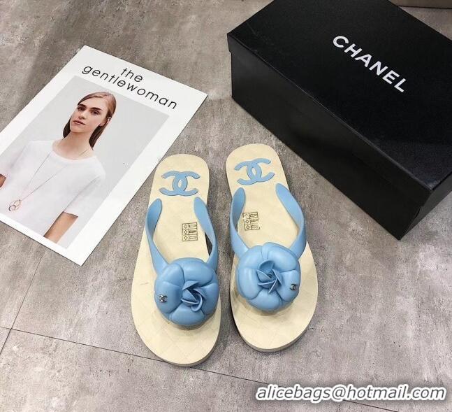 Cheapest Chanel Rubber Camellia Thong Slides Sandals G02125 Light Blue 2020