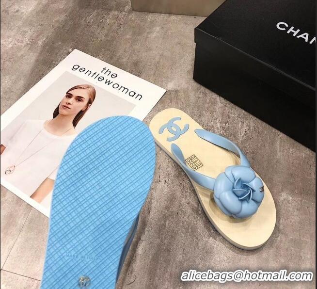 Cheapest Chanel Rubber Camellia Thong Slides Sandals G02125 Light Blue 2020