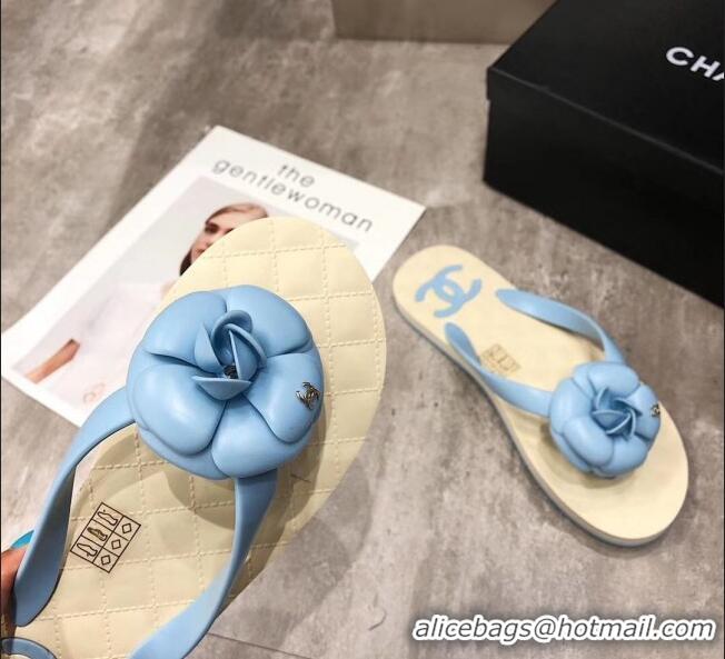 Cheapest Chanel Rubber Camellia Thong Slides Sandals G02125 Light Blue 2020