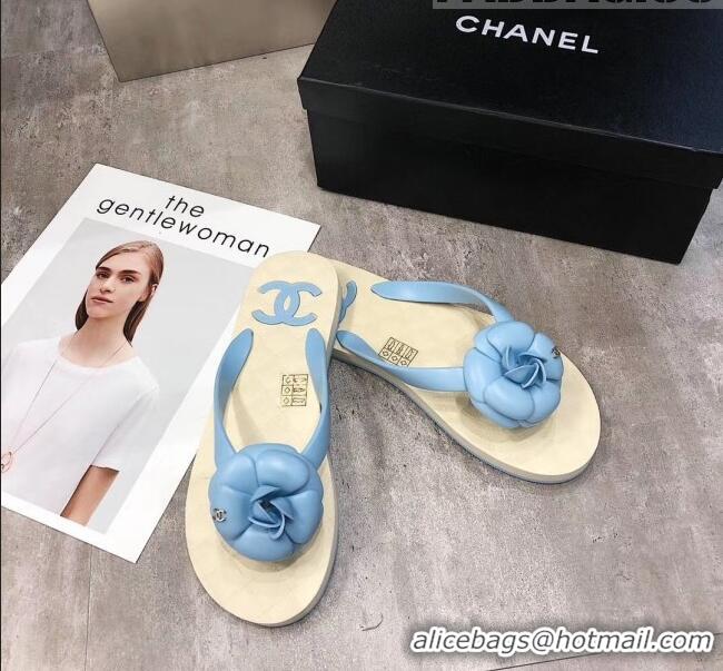 Cheapest Chanel Rubber Camellia Thong Slides Sandals G02125 Light Blue 2020