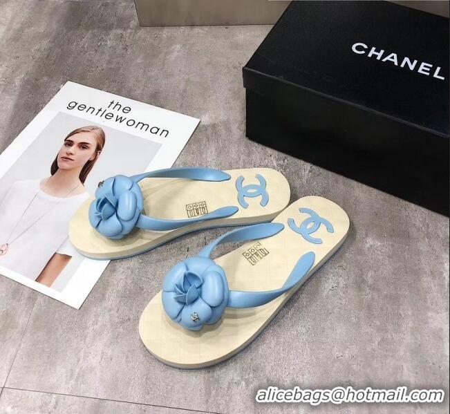 Cheapest Chanel Rubber Camellia Thong Slides Sandals G02125 Light Blue 2020