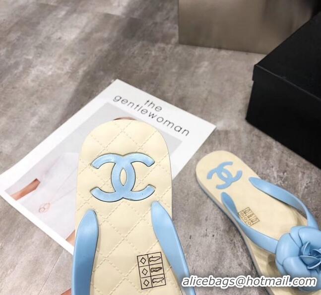 Cheapest Chanel Rubber Camellia Thong Slides Sandals G02125 Light Blue 2020