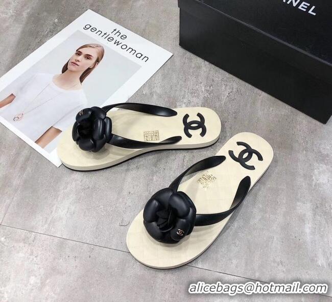 Grade Quality Chanel Rubber Camellia Thong Slides Sandals G02125 Black 2020