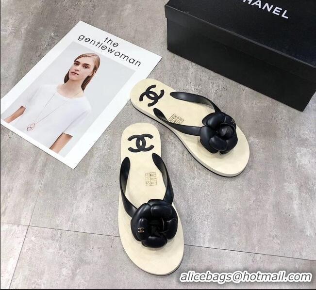 Grade Quality Chanel Rubber Camellia Thong Slides Sandals G02125 Black 2020