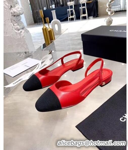 Super Quality Chanel Lambskin & Grosgrain Flat Slingbacks Ballerina G31319 Red/Black 2020