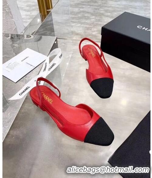 Super Quality Chanel Lambskin & Grosgrain Flat Slingbacks Ballerina G31319 Red/Black 2020