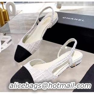 Top Grade Chanel Tweed & Grosgrain Flat Slingbacks Ballerina G31319 White/Black 2020