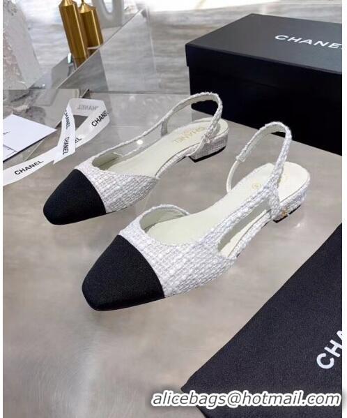 Top Grade Chanel Tweed & Grosgrain Flat Slingbacks Ballerina G31319 White/Black 2020