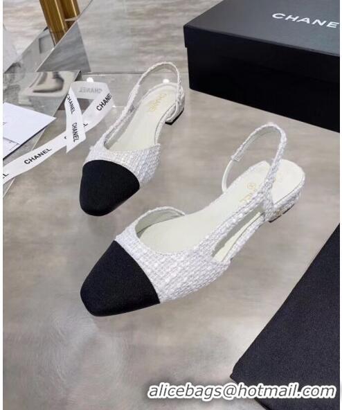 Top Grade Chanel Tweed & Grosgrain Flat Slingbacks Ballerina G31319 White/Black 2020