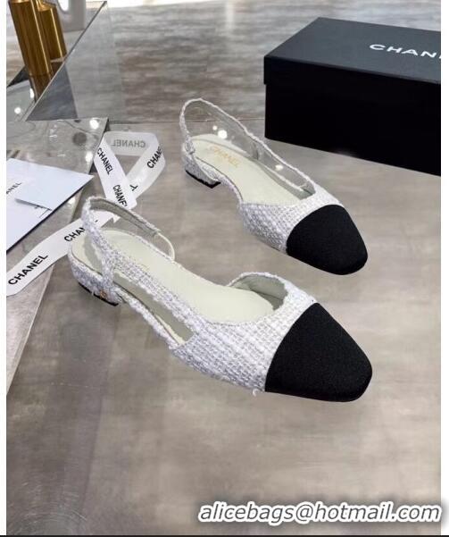 Top Grade Chanel Tweed & Grosgrain Flat Slingbacks Ballerina G31319 White/Black 2020