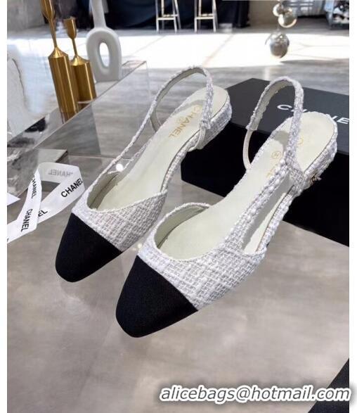 Top Grade Chanel Tweed & Grosgrain Flat Slingbacks Ballerina G31319 White/Black 2020