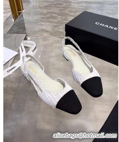 Top Grade Chanel Tweed & Grosgrain Flat Slingbacks Ballerina G31319 White/Black 2020