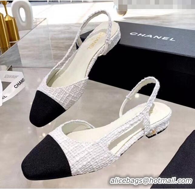 Top Grade Chanel Tweed & Grosgrain Flat Slingbacks Ballerina G31319 White/Black 2020