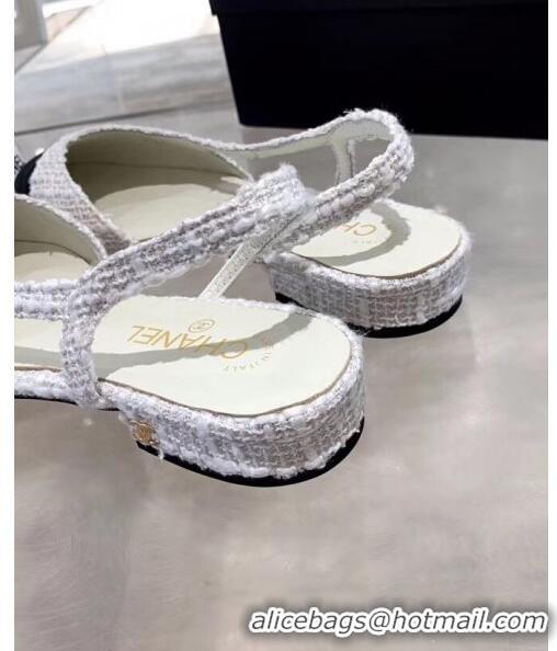 Top Grade Chanel Tweed & Grosgrain Flat Slingbacks Ballerina G31319 White/Black 2020