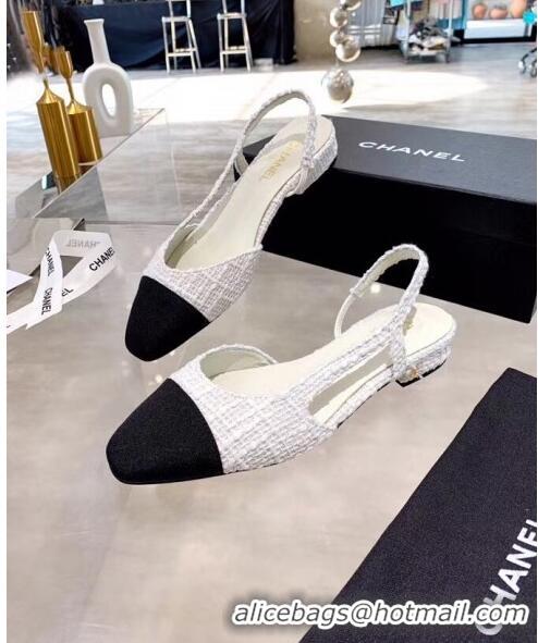 Top Grade Chanel Tweed & Grosgrain Flat Slingbacks Ballerina G31319 White/Black 2020