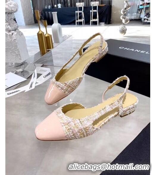 Top Design Chanel Patent Leather & Tweed Flat Slingbacks Ballerina G31319 Pink 2020