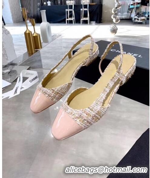 Top Design Chanel Patent Leather & Tweed Flat Slingbacks Ballerina G31319 Pink 2020