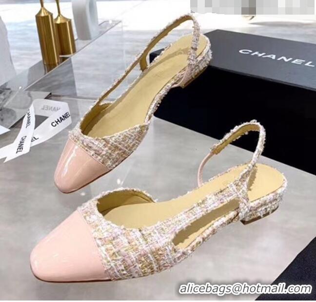 Top Design Chanel Patent Leather & Tweed Flat Slingbacks Ballerina G31319 Pink 2020