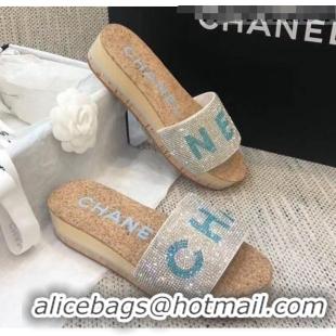 Reproduction Chanel Crystal Logo Platform Mules G35799 Silver/Blue 2020