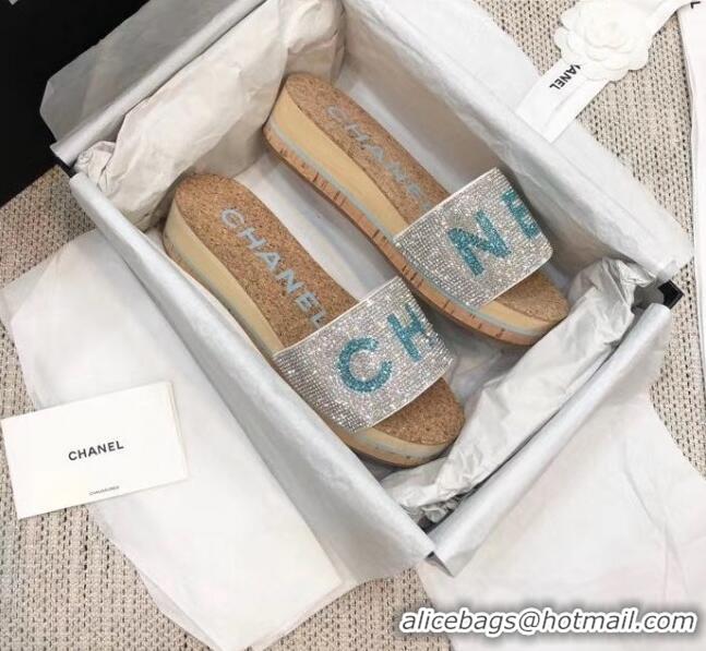 Reproduction Chanel Crystal Logo Platform Mules G35799 Silver/Blue 2020