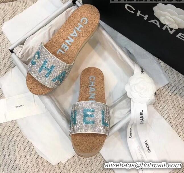 Reproduction Chanel Crystal Logo Platform Mules G35799 Silver/Blue 2020