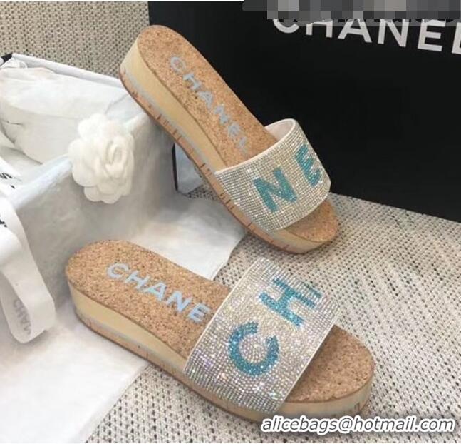 Reproduction Chanel Crystal Logo Platform Mules G35799 Silver/Blue 2020