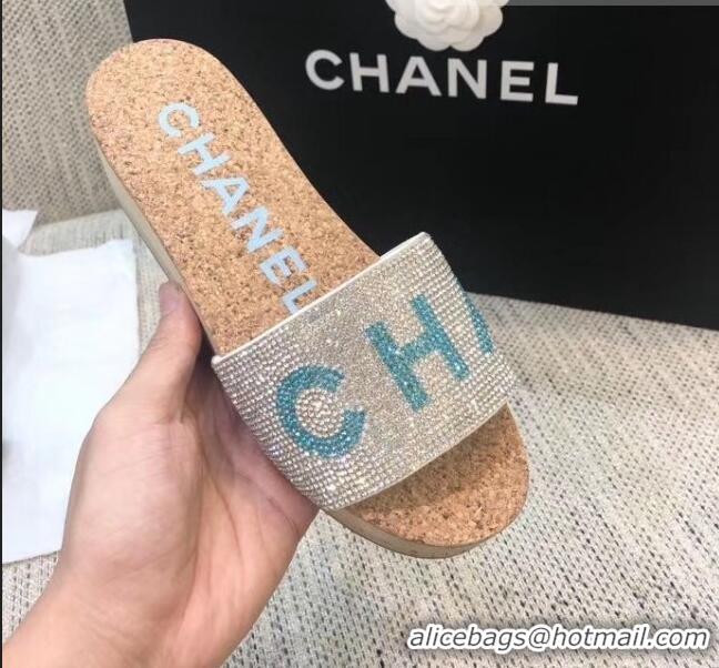 Reproduction Chanel Crystal Logo Platform Mules G35799 Silver/Blue 2020