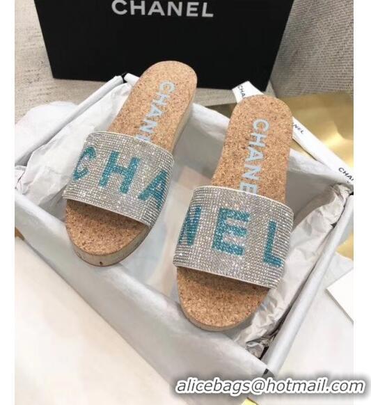 Reproduction Chanel Crystal Logo Platform Mules G35799 Silver/Blue 2020