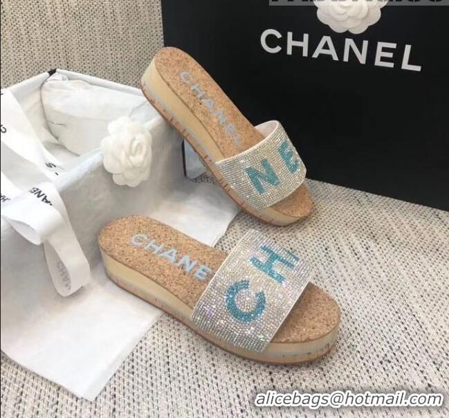 Reproduction Chanel Crystal Logo Platform Mules G35799 Silver/Blue 2020