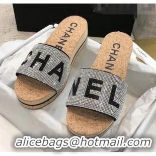 Luxury Cheap Chanel Crystal Logo Platform Mules G35799 Black 2020