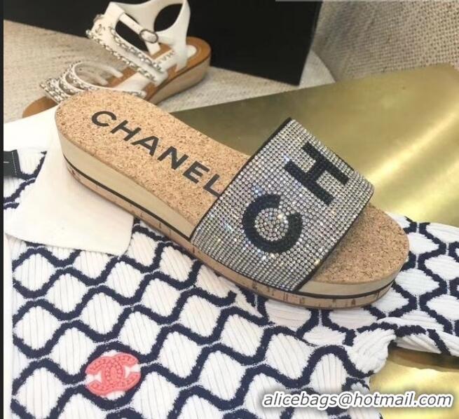 Luxury Cheap Chanel Crystal Logo Platform Mules G35799 Black 2020