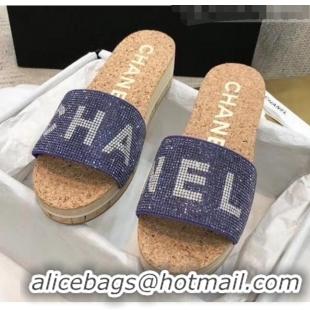 Super Quality Chanel Crystal Logo Platform Mules G35799 Blue 2020