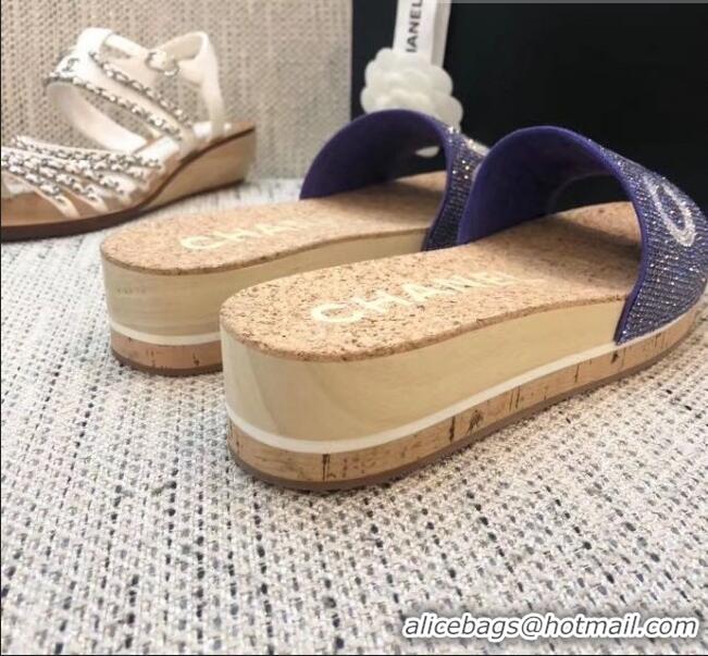 Super Quality Chanel Crystal Logo Platform Mules G35799 Blue 2020