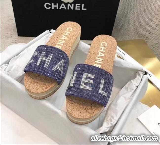 Super Quality Chanel Crystal Logo Platform Mules G35799 Blue 2020