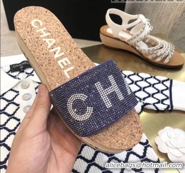 Super Quality Chanel Crystal Logo Platform Mules G35799 Blue 2020