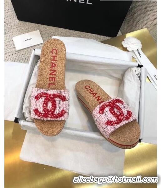 Super Quality Chanel Tweed CC Logo Platform Mules G35799 Pink 2020