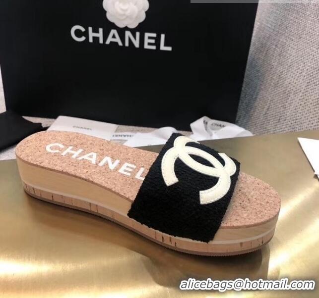 Affordable Price Chanel Tweed & Leather Logo Platform Mules G35799 Black 2020