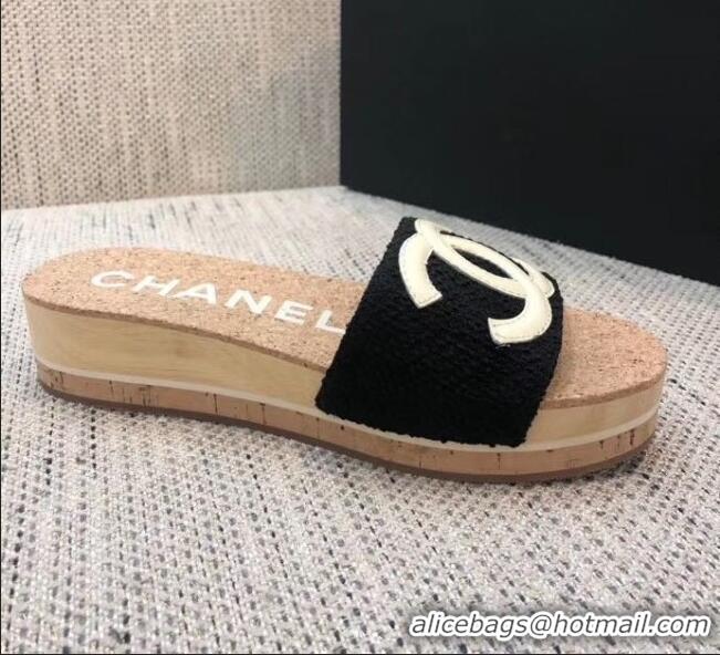 Affordable Price Chanel Tweed & Leather Logo Platform Mules G35799 Black 2020