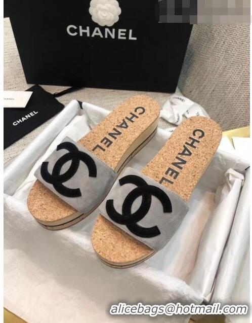 Lowest Cost Chanel Suede CC Logo Platform Mules G35799 Grey 2020